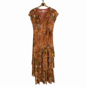 Sundance Victory Garden Silk Dress 6 Floral Layered Ruffle Boho Flounce Maxi